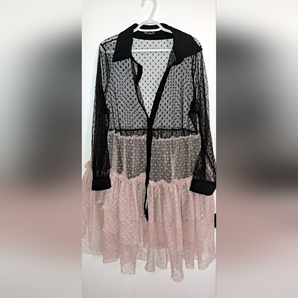 Black and Pink Sheer Polka Dot Dress